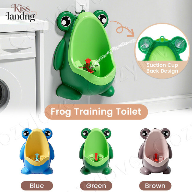 Kisslanding Wandmontiertes Baby-Urinal für Jungen mit Cartoon-Frosch-Design und Zielspiel, Farben: Grün oder Blau - Bild 1