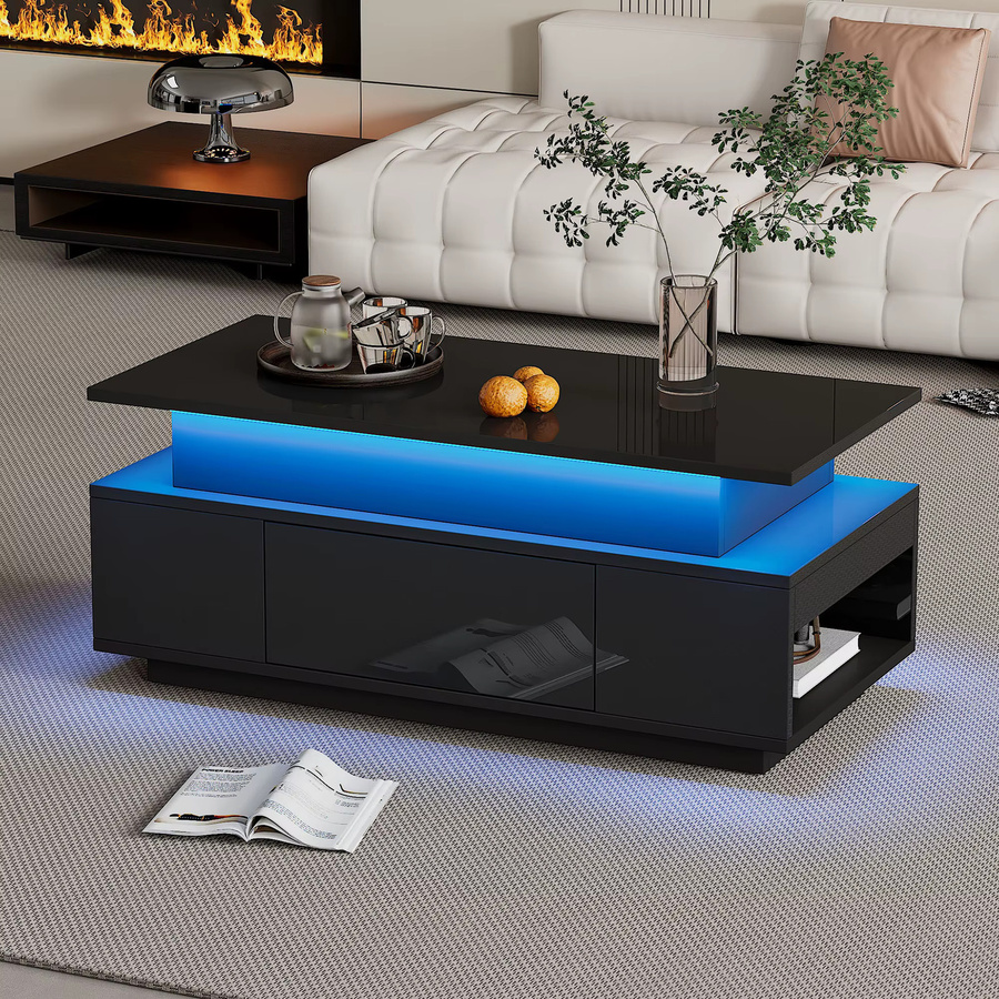 KOMHTOM Höhenverstellbarer Couchtisch in Schwarz mit Hochglanz-Finish, LED-Beleuchtung und verstecktem Stauraum inklusive Schublade - Bild 3