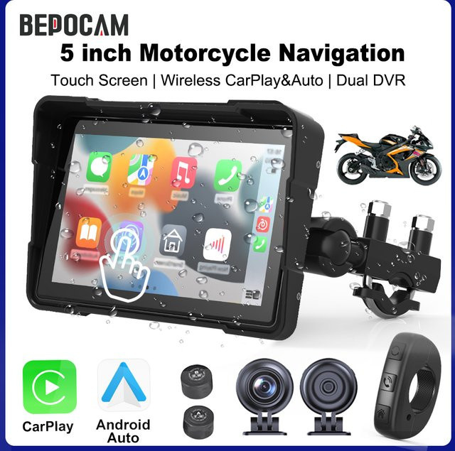 BEPOCAM Tragbarer 5-Zoll-GPS-Navigationsbildschirm für BMW mit kabellosem CarPlay und Android Auto, IPX7 wasserdicht, Moto Dual Bluetooth DVR Recorder, Schwarz - Bild 1