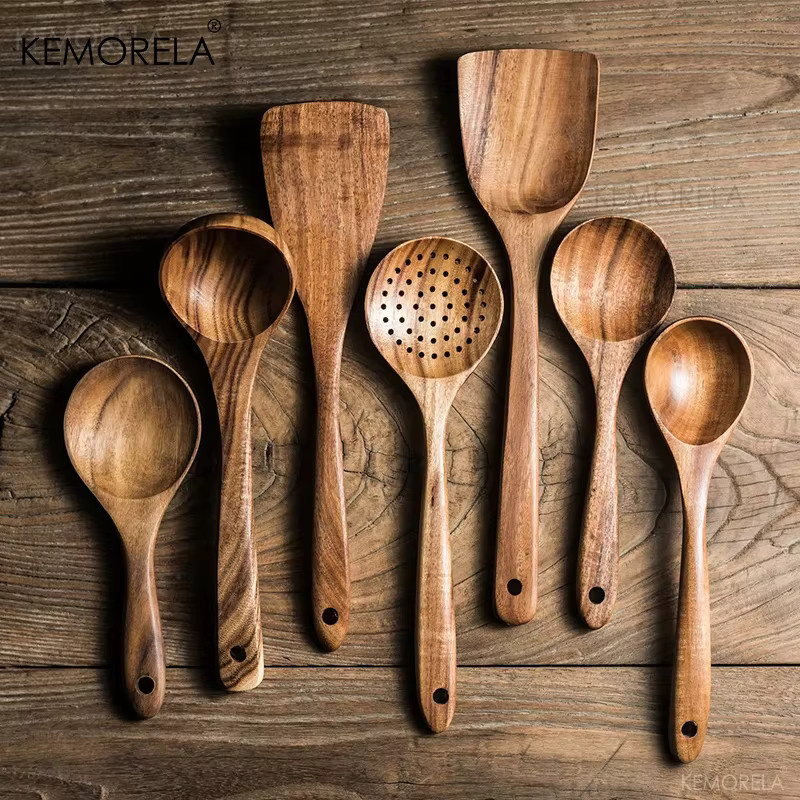KEMORELA Küchenwerkzeug Set aus natürlichem Teakholz in Braun, 7-teiliges Set mit Löffeln, Schöpfkellen und Reissieb - Bild 2