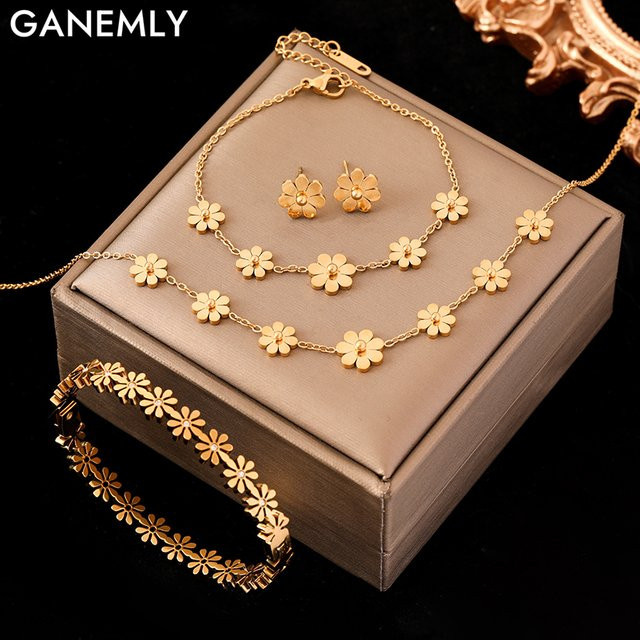 Ganemly Schmuck-Set, Edelstahl, Gold, Gänseblümchen, Damen - Bild 1