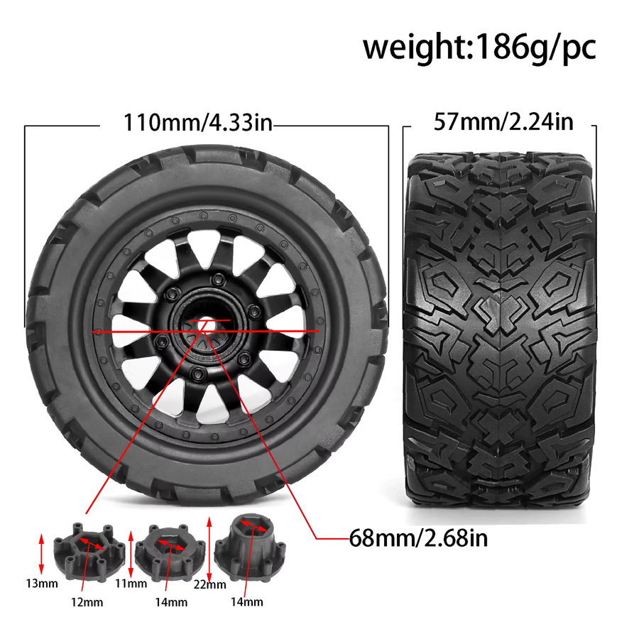 RS RC LKW-Reifen und Räder, 4er-Set, 12 mm 14 mm Sechskant - Bild 2