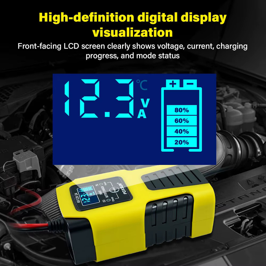 Automatisches Autobatterie-Ladegerät mit LCD-Anzeige und Impulsreparatur für Blei-Säure, GEL, AGM, Nass, Calcium und Deep Cycle VRLA Batterien, Gelb, 6V/12V 2A - Bild 2