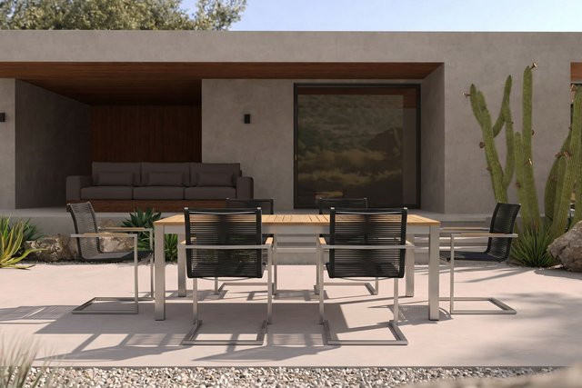 OUTFLEXX Garten-Essgruppe aus Edelstahl und Teakholz in Silber/Schwarz mit ausziehbarem Tisch und 7 Stühlen - Bild 1