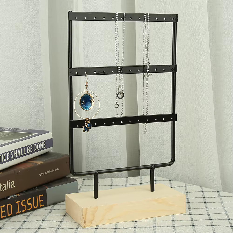 Schmuckaufbewahrungsregal aus Metall mit 36 Löchern und Holzsockel für Ohrringe und Halsketten, minimalistisches Design für den Tisch - Bild 2