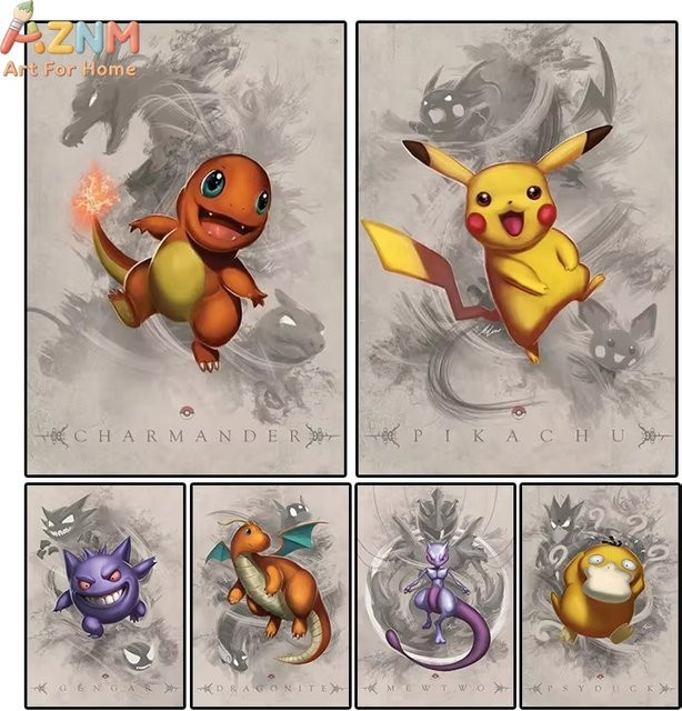 KAYOU Anime Pokemon Pikachu Leinwandgemälde als Wandkunst Poster in Mehrfarbig - Bild 1