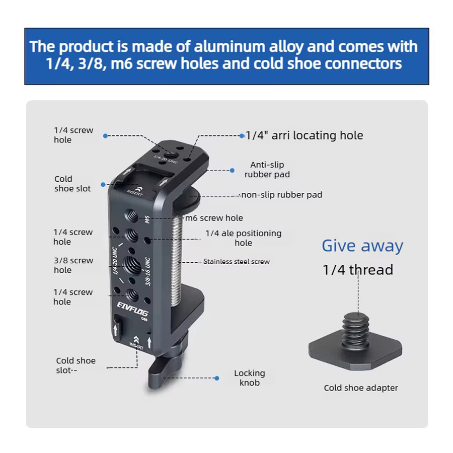 ideaway C-Klemme Tischkamerahalterung aus Aluminium mit 1/4" und 3/8" Gewinde in Schwarz für DSLR-Kameras und Lichtstative - Bild 2