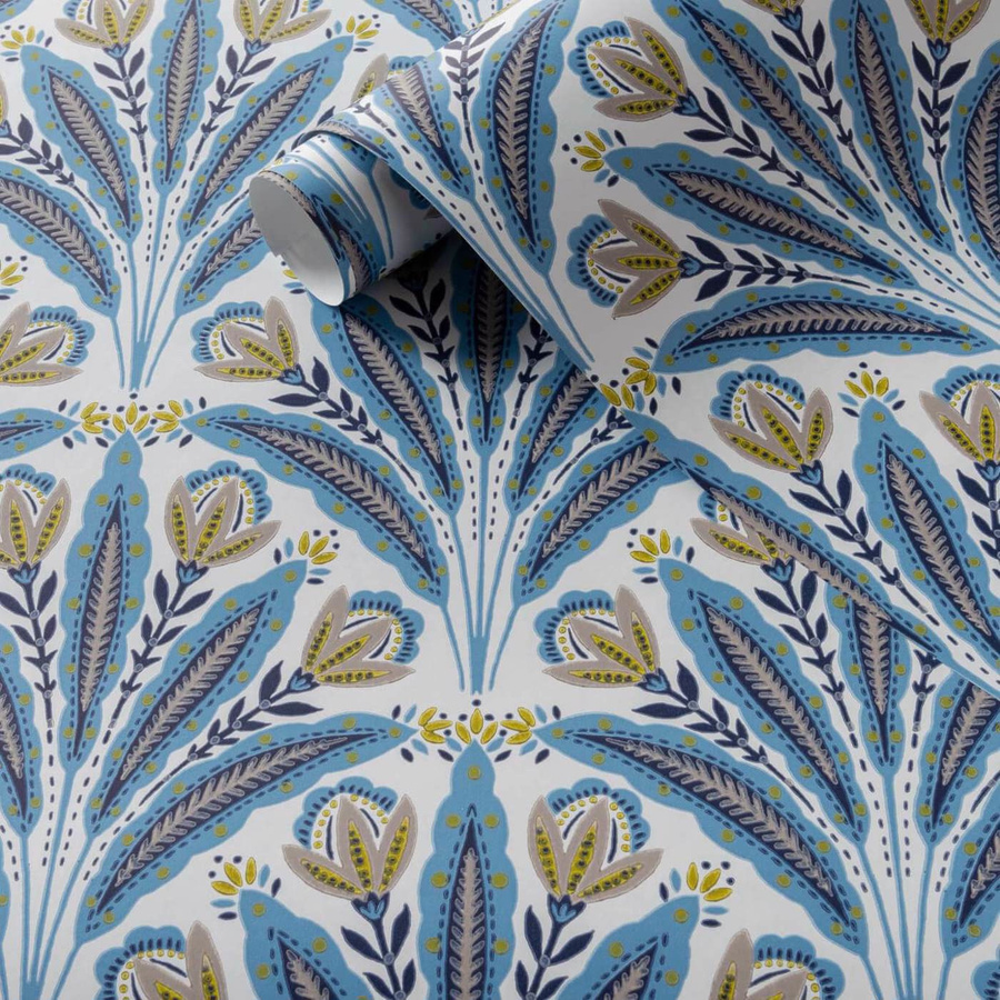 Clarke & Clarke Wallpaper Attingham Denim – Blaue Florale Mustertapete mit Botanischem Art-Deco-Design, Non-Woven, Matt - Bild 1