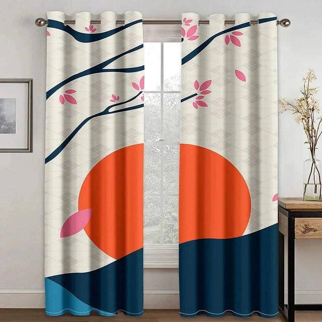 2er-Set Halbverdunkelnde Vorhänge mit abstraktem Sonnen-Design in Orange von Household supplies MH, Breite: 100 cm, Höhe: 160 cm - Bild 1