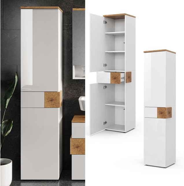 Vicco Badschrank Eden Hochschrank in Weiß Hochglanz mit 2 Türen und Schubladen, B/T/H: 40 x 37 x 184 cm - Bild 1