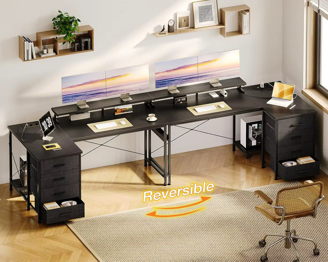 Coleshome Eckschreibtisch in Schwarz mit 4 Stoffschubladen, umkehrbarer L-förmiger Schreibtisch mit Monitorablage, 2 USB-Ladeanschlüssen und 2 Steckdosen für dein Home Office, Breite: 140 cm, Tiefe: 80 cm - Bild 1