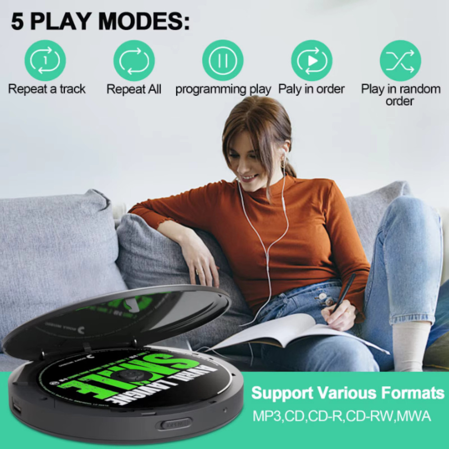 Bytelike Tragbarer CD-Player mit Bluetooth, Dual-Lautsprechern und USB, Schwarz - Bild 2
