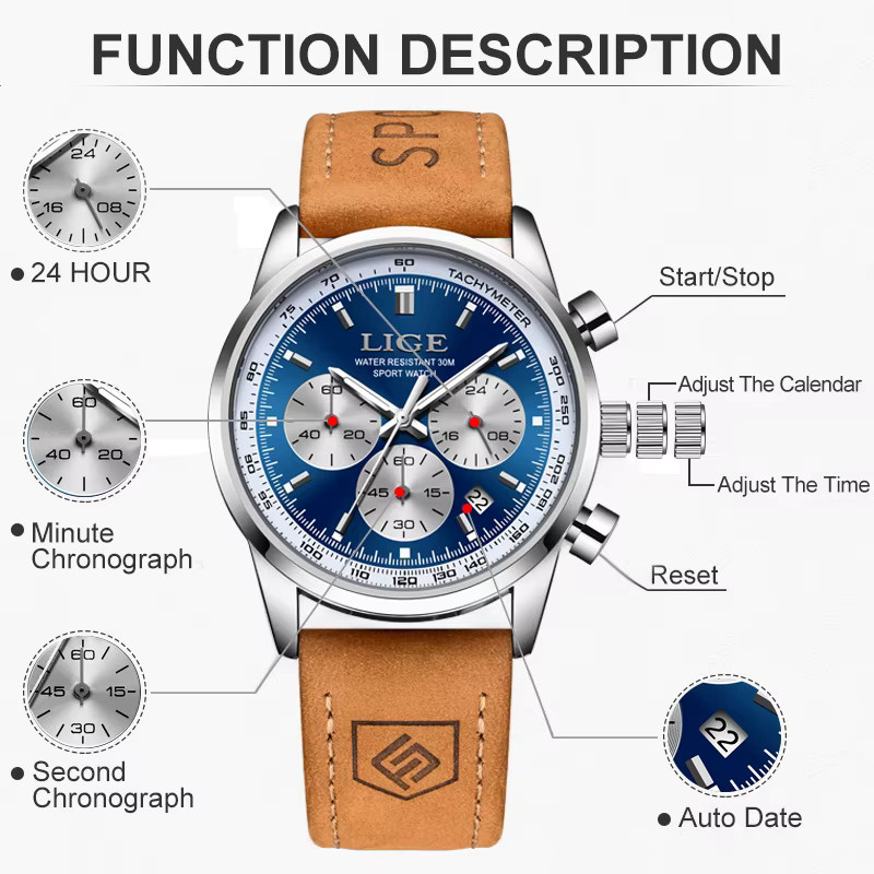 LIGE Armbanduhr Chronograph, Quarz, Leder, Herren, Blau - Bild 4