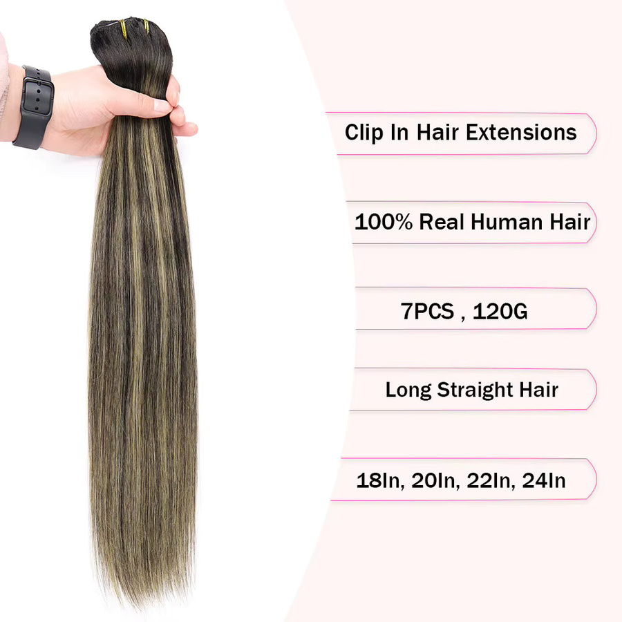 SHUOZI Clip-in-Haarverlängerung aus Echthaar, 7 Stück, Balayage, Schwarz-Goldblond - Bild 3