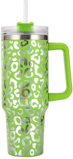 Yiran Furniture Thermosbecher aus Edelstahl mit Leopardenmuster und Griff, grüner Eiswürfelbecher mit großem Fassungsvermögen, 1183 ml - Bild 1