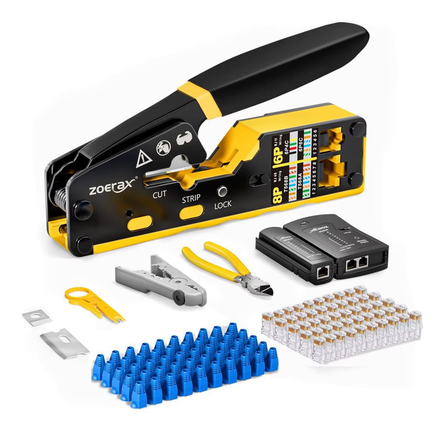 ZoeRax RJ45 Crimp-Werkzeug-Set in Gelb mit Kabeltester, Drahtschneider, Abisolierer und 50 Steckverbindern für CAT6 CAT5E CAT5 Kabel - Bild 4