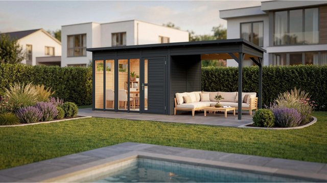 Bertilo Holz-Gartenhaus Pentus3Off.L mit Flachdach in Anthrazit, modernem Design, B: 232 cm, T: 160 cm, H: 115 cm - Bild 1
