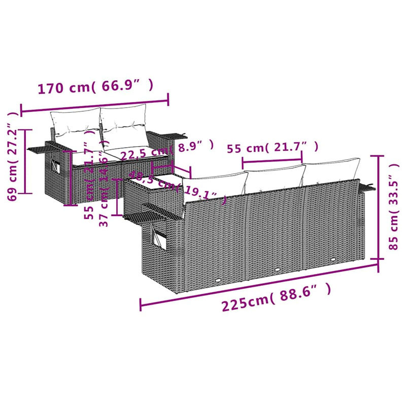 Vidaxl Gartenmöbel-Set aus Polyrattan mit Kissen, 6-teilig, Schwarz, Modernes Design - Bild 2