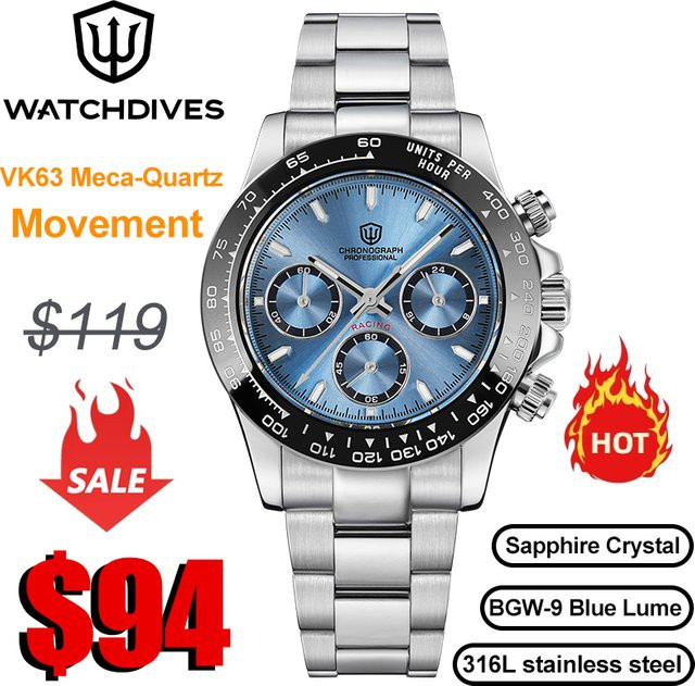 Watchdives Chronograph Armbanduhr, Quarz, Edelstahl, Saphirglas, Herren - Bild 1