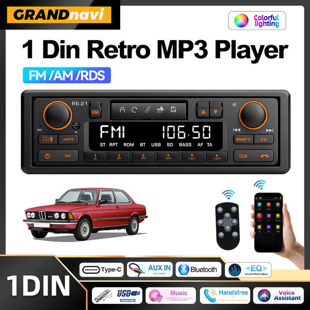 Grandnavi Retro Autoradio 1DIN MP3-Player mit Bluetooth und QC3.0 in Schwarz - Bild 1