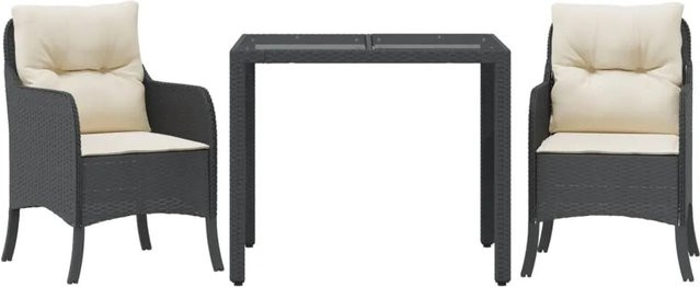 vidaXL 3-teilige Garten-Essgruppe aus schwarzem Poly-Rattan mit Tisch aus Hartglas und Kissen für Terrasse und Garten - Bild 1