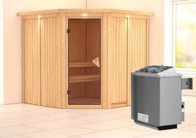 Karibu Sauna Jorma aus Fichte mit 9,0 kW Ofen, integrierter Steuerung, LED-Dachkranz und Ganzglastür in Bronze, B/T/H: 210 x 210 x 202 cm - Bild 1