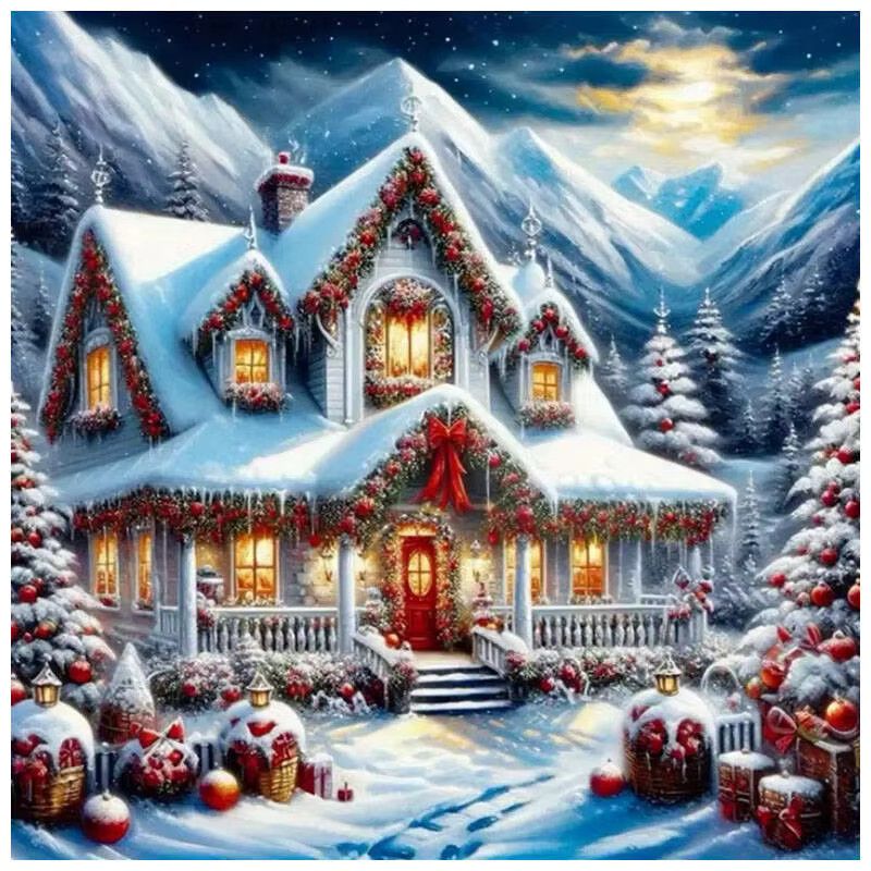 HUACAN Diamant-Malerei Winterlandschaft mit weihnachtlichem Haus als Wanddekoration mit runden Mosaik-Steinen - Bild 5