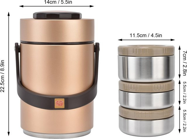 Yiran Furniture Lunchbox aus 304 Edelstahl mit 3-lagiger Vakuumisolierung, Gold, 2000 ml - Bild 1