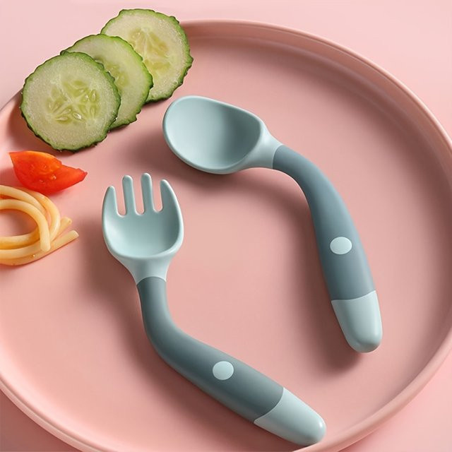 DHDH Biegsames Baby-Gabel- und Löffel-Set aus Silikon und Polypropylen für das erste Essen lernen - Bild 1