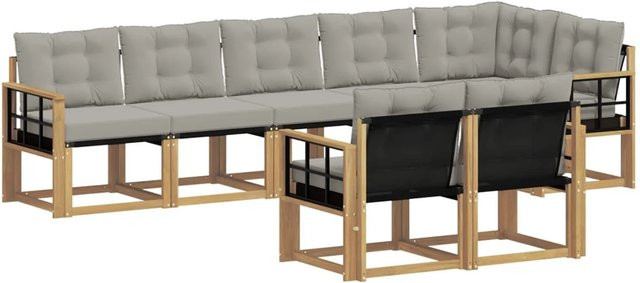vidaXL Outdoor-Sofagarnitur 8-tlg. in L-Form aus Akazienholz mit Textilene und Kissen, Weiß-Hellgrau - Bild 1