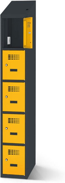 rotstahl Fächerschrank mit Ladefunktion und 5 Fächern in Gelb mit anthrazitgrauem Korpus, B: 40 cm, H: 200 cm - Bild 1