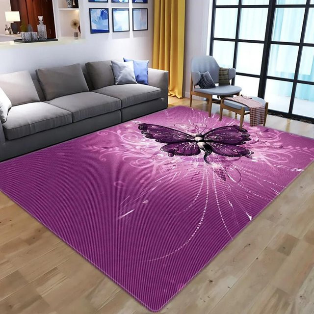 Karpetti Spielteppich mit Schmetterlingsmuster in Lila, Waschbarer 3D-Druck Teppich für Kinderzimmer, Wohnzimmer und Schlafzimmer, B/T: 60 x 90 cm - Bild 1