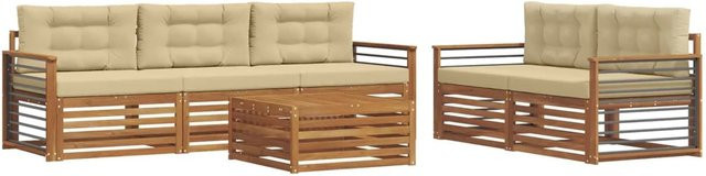 vidaXL Outdoor-Sofagarnitur 6-teilig aus Akazienholz mit Kissen in Natur und Beige - Bild 1