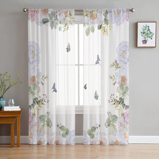 A Family Of Home Textiles Transparent Voile Vorhang mit Aquarell Schmetterling und Blumen in Weiß, Breite: 135 cm, Höhe: 137 cm - Bild 1
