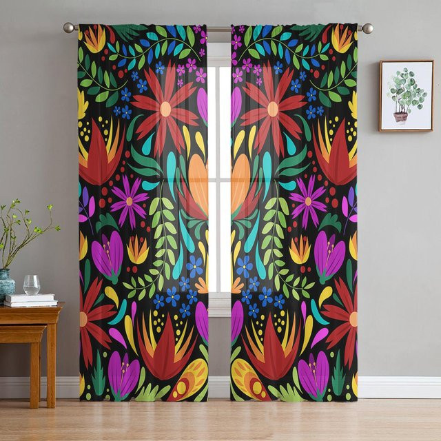 Bunte transparente Vorhänge mit floralem Blumenmuster aus Tüll, Voile und Organza für Wohnzimmer und Küche, B/H: 135 x 115 cm - Bild 1