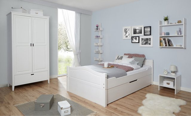 TiCAA Einzelbett Leni aus Kiefer in Weiß mit Schubladen im skandinavischen Design, B/T/H: 120 x 200 x 129 cm - Bild 1
