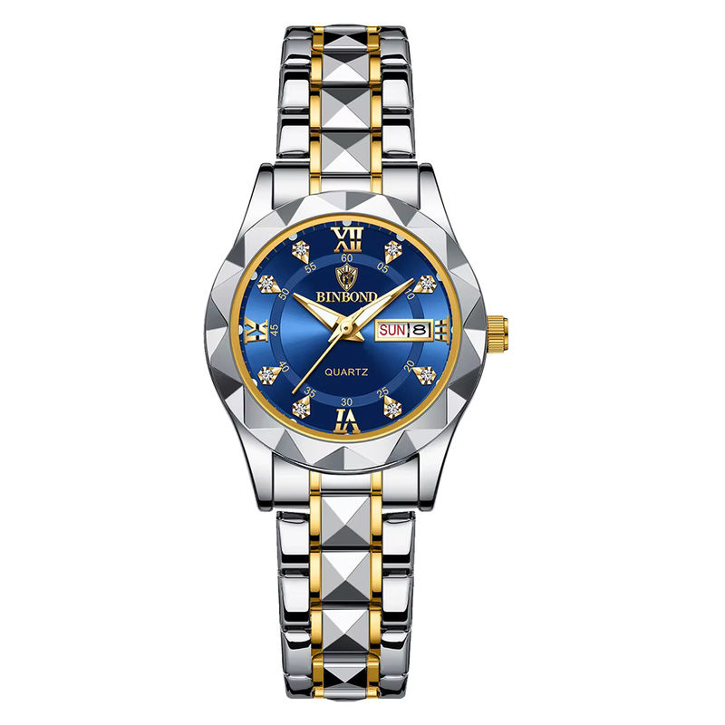 Elegante Quarzuhr für Damen in Gold und Blau mit Datumsanzeige und Nachtlicht aus Metall - Bild 6