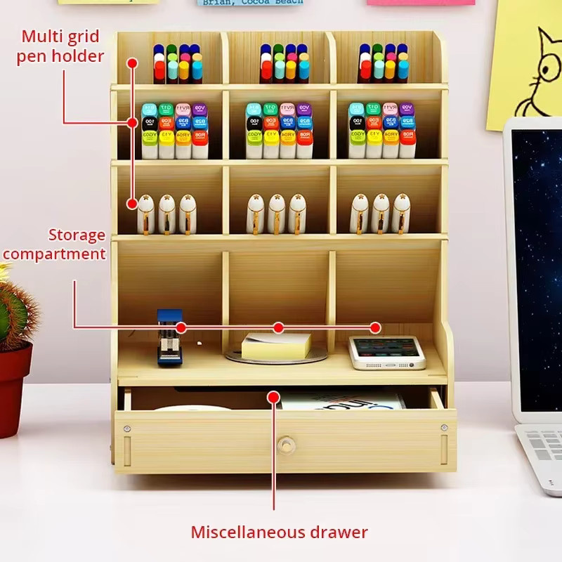 Multifunktionaler Schreibtisch Organizer aus Holz in Braun mit mehreren Fächern für Home Office und Schule - Bild 3