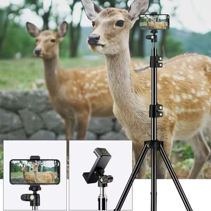 Teleskop Stativ mit Handy Halterung und Selfie Stick in Schwarz, Höhe: 2,1 m, für Foto und Kamera - Bild 4