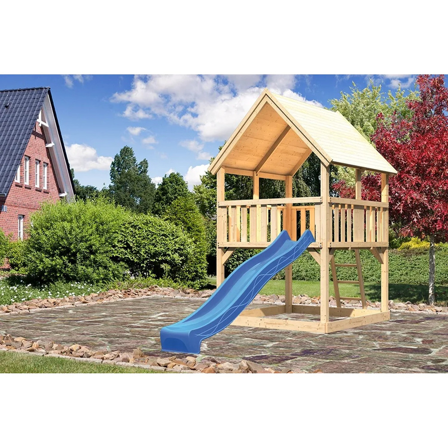 Karibu Spielturm Luis mit Satteldach und Rutsche in Blau und Braun - Bild 2
