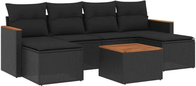 vidaXL 7-teilige Garten-Sofagarnitur aus Poly-Rattan und Akazienholz in Schwarz mit Kissen - Bild 1