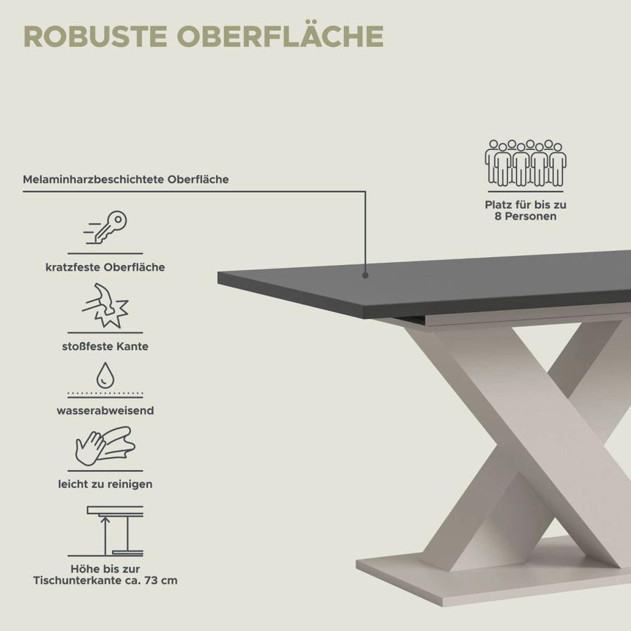 Ausziehbarer Esstisch Home-X von Inn.Furn in Grau und Sand, Rechteckig, B/T/H: 150-190 x 90 x 76 cm - Bild 6