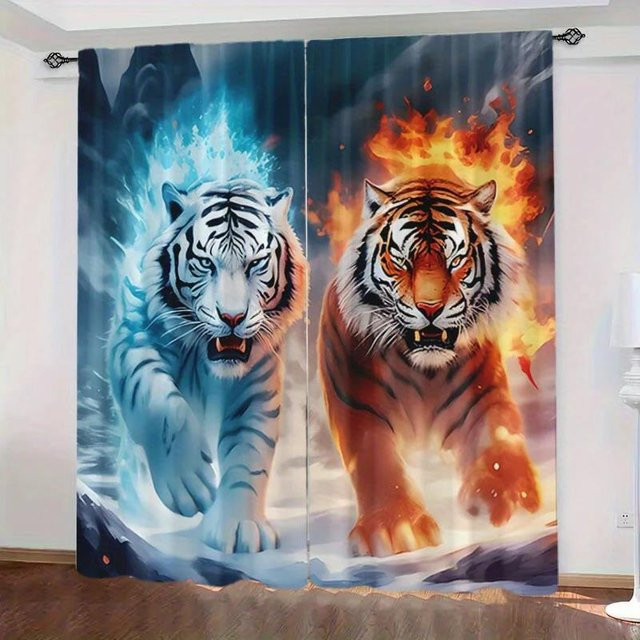 Yiran Furniture Dekorative Vorhänge mit weißem Tiger Motiv in Braun und Multicolour, halbtransparent, B: 35 cm, H: 100 cm - Bild 1