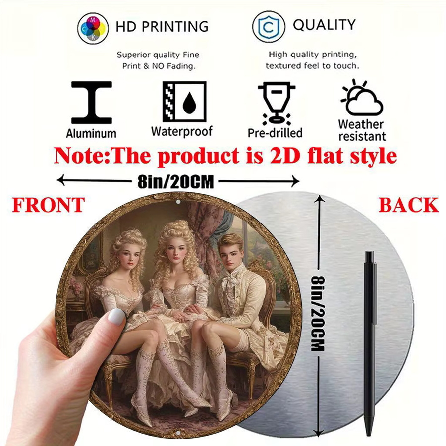 Vintage Marie Antoinette & Damen Realismus Kunst Wandschild aus Aluminium von Potdemiel, rund, Durchmesser: 20,3 cm - Bild 2