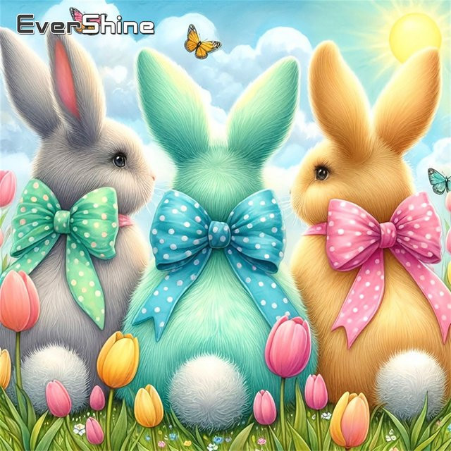 Evershine Diamant-Stickerei Kaninchen mit Tulpen als Mosaik-Bild in Multicolour, voller Bohrer, B/H: 20 x 20 cm - Bild 1