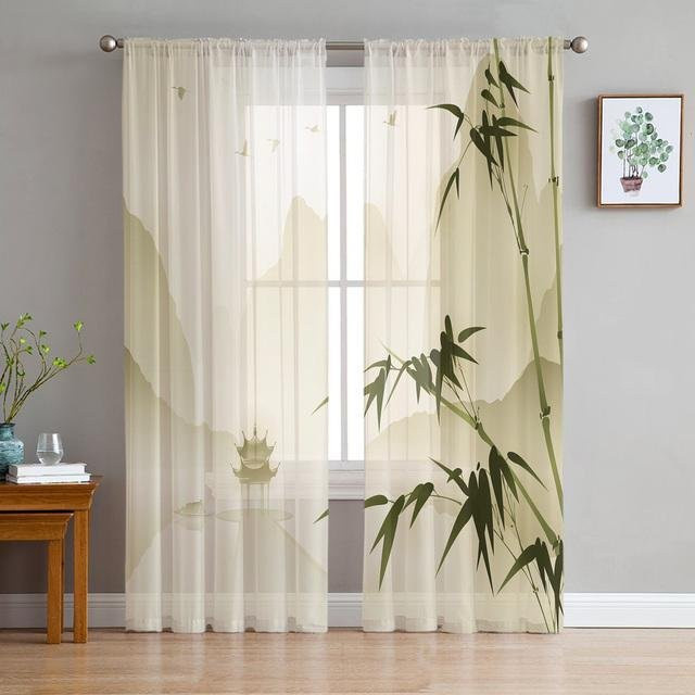 A Family Of Home Textiles Transparente Tüll-Vorhänge mit grünem Bambusblatt-Design, 2er-Set, Farbe: Grün/Transparent, Breite: 135 cm, Höhe: 183 cm - Bild 1