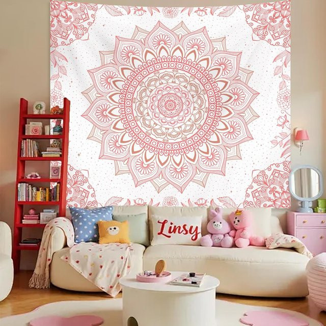 Apdidl Boho Wandteppich Mandala Floral in Rosa und Weiß, B: 150 cm, H: 180 cm - Bild 1