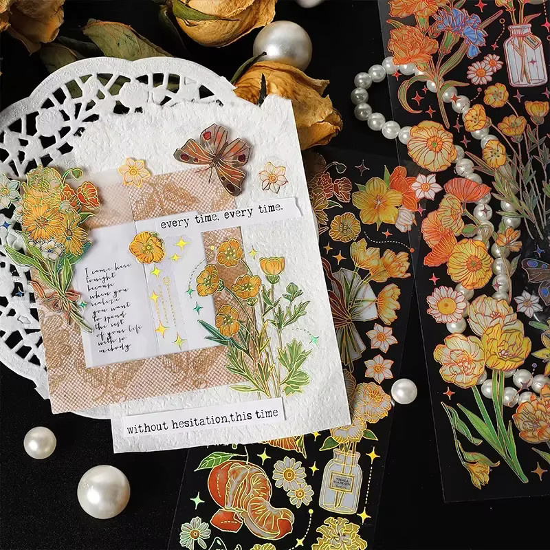 3er Set Vintage Pflanzen Aufkleber mit Goldfolie in Multicolour für Tagebuch, Planer und Scrapbooking - Bild 3