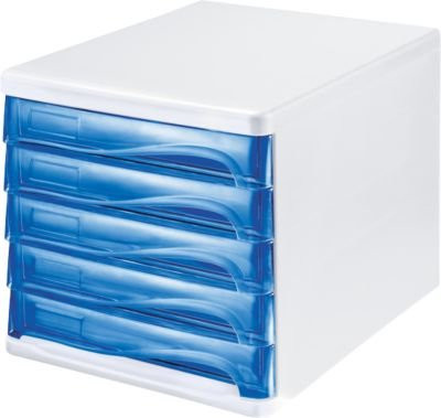 Schubladenbox helit mit 5 Schüben für DIN A4, Gehäuse weiß und Schubladen blau transparent, B/T/H: 26,5 x 34,0 x 25,0 cm - Bild 1