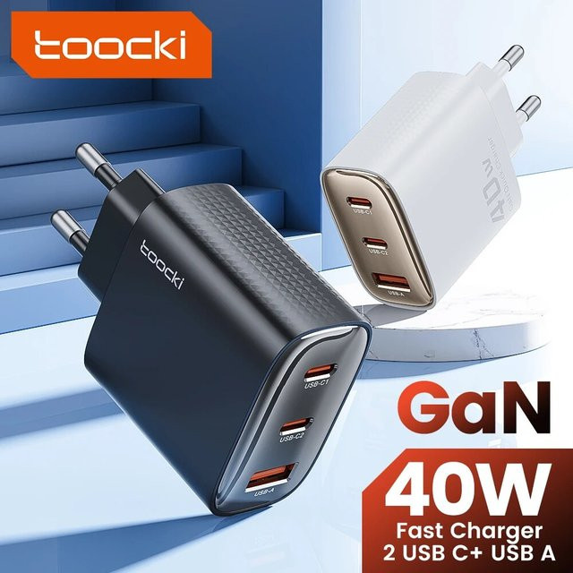 Toocki 40 W GaN USB-C Schnellladegerät mit Dual USB-C Anschlüssen und QC 4.0 in Schwarz - Bild 1